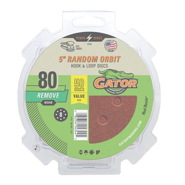 Gator Finishing 5" Red Resin Random Orbit Sander Hook and Loop Discs, 80 Medium Grit Remove 4344